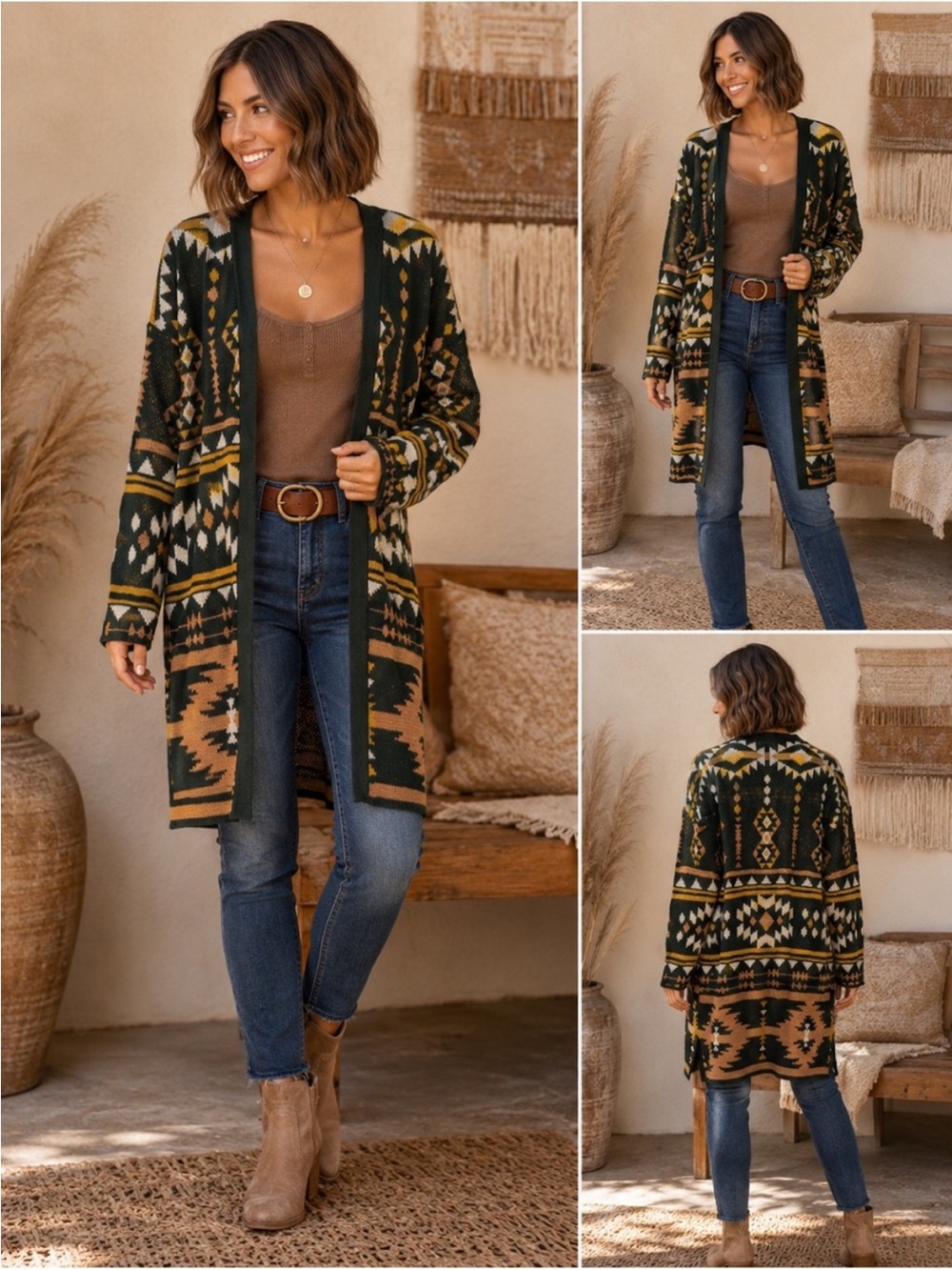 Savanna Jane Green & Tan Aztec Open-Front Long Cardigan
